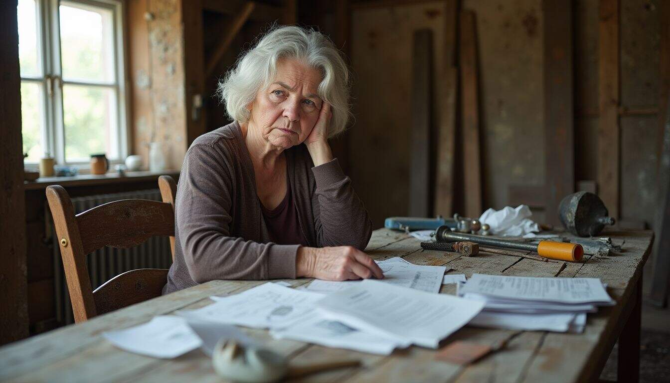 Worn looking elderly woman frustrated sitting at torn wooden table with papers and tools in rustic house interior.