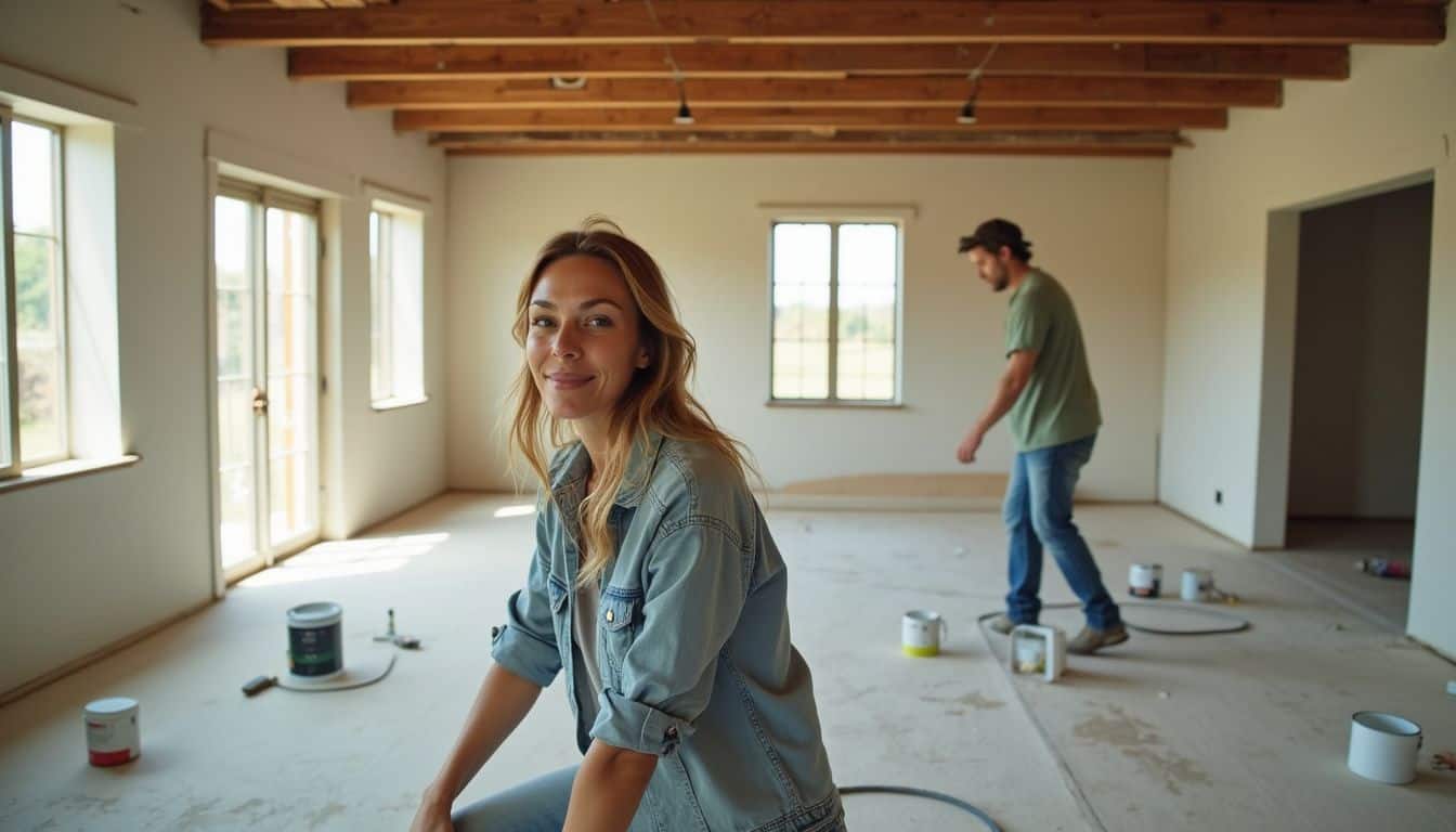 Renovation of a bright, spacious living room with young couple painting and preparing the space for new decor.