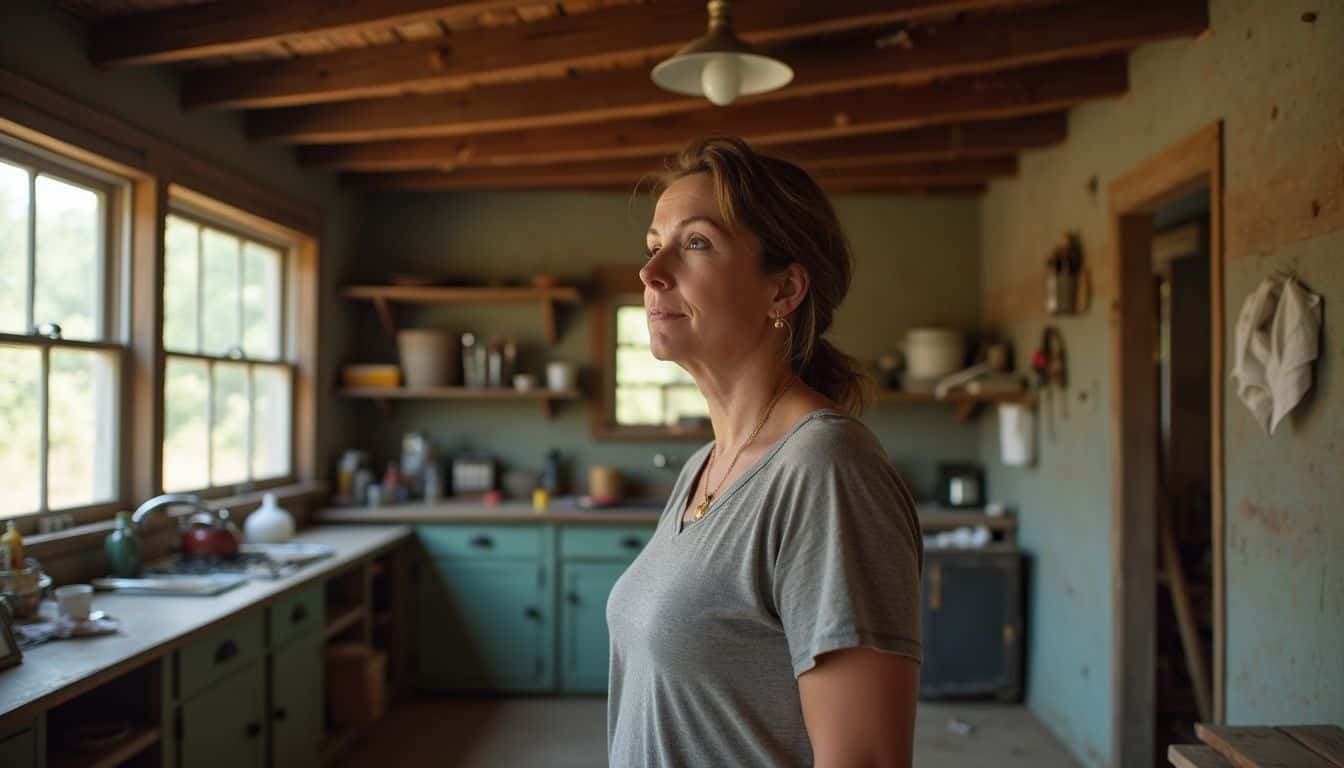 Home interior kitchen with woman standing by the window in a rustic, cozy setting, natural light, wooden ceiling, and vintage decor for lifestyle and homestyle content.