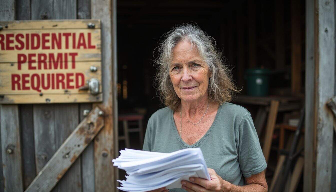 Elderly woman holding papers in front of a rustic building with a "Residential Permit Required" sign, outdoor scene, casual attire, natural light, gray hair, serious expression, rural or working environment, community or administrative setting.