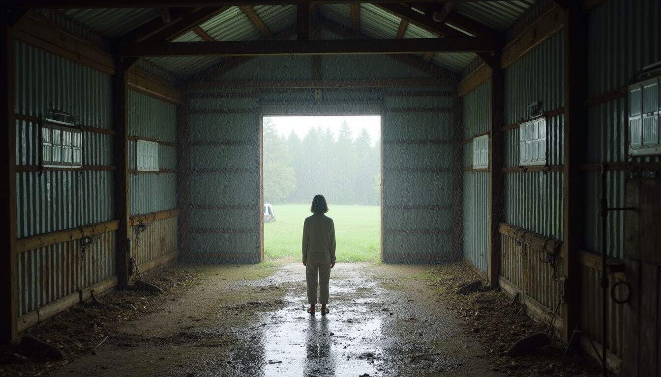 Woman standing in an open barn during rain, looking out to lush green field, rainy weather, rustic wooden barn, countryside scene, peaceful rural landscape.