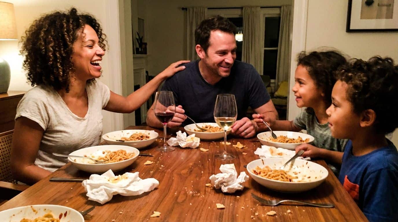 Happy family sharing spaghetti dinner with kids and parents, enjoying quality time, laughter, and love around the dining table.