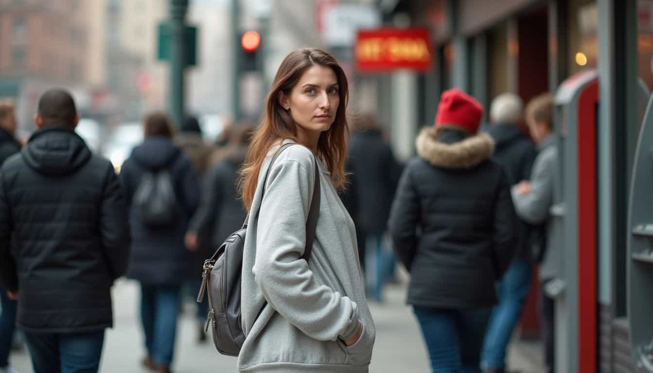 A woman in her mid-30s stands on a crowded sidewalk, looking annoyed amid a bustling city scene.