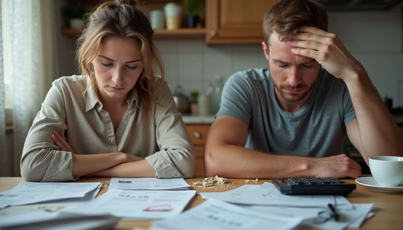 A tired couple sits at a cluttered table, stressfully sorting through bills and finances together.