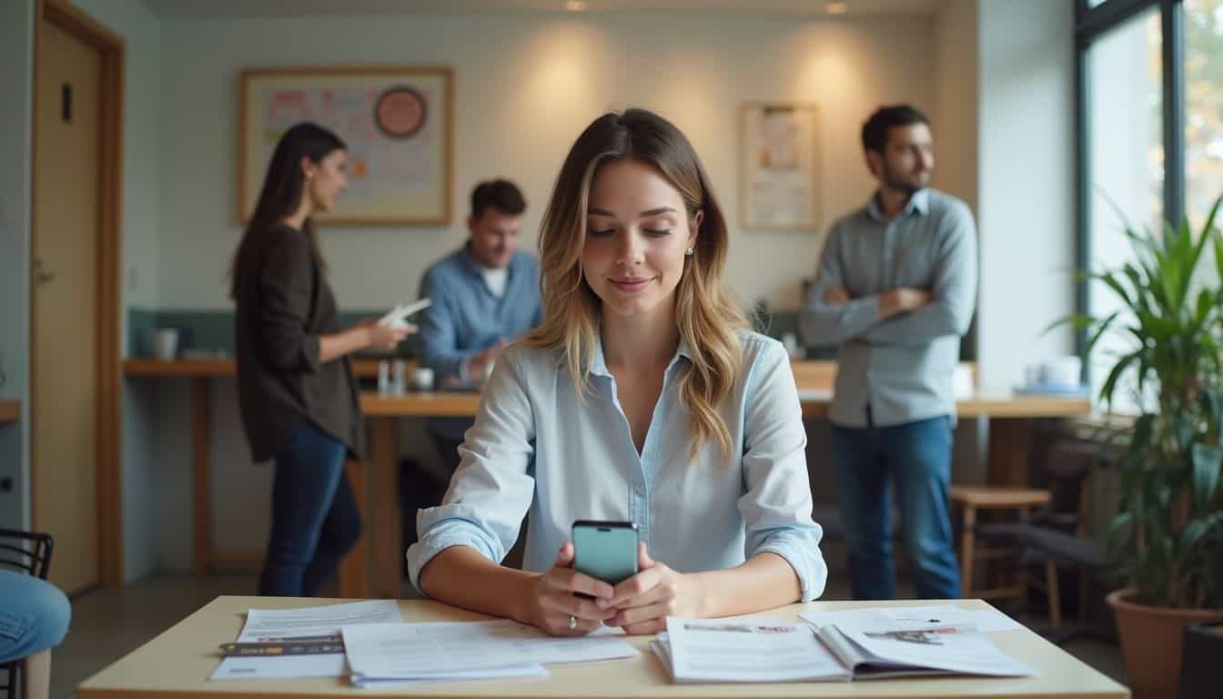 A woman in her 30s casually reviews loan brochures at a credit union, surrounded by staff and everyday items.