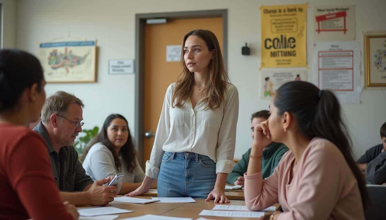 A woman casually votes during a community meeting at a credit union, surrounded by engaged attendees in a modest setting.