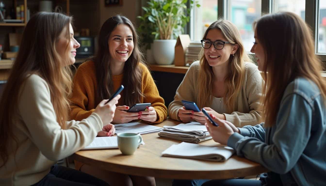 A group of casually dressed women gather around a table in a coffee shop, engaged in conversation and comparison.