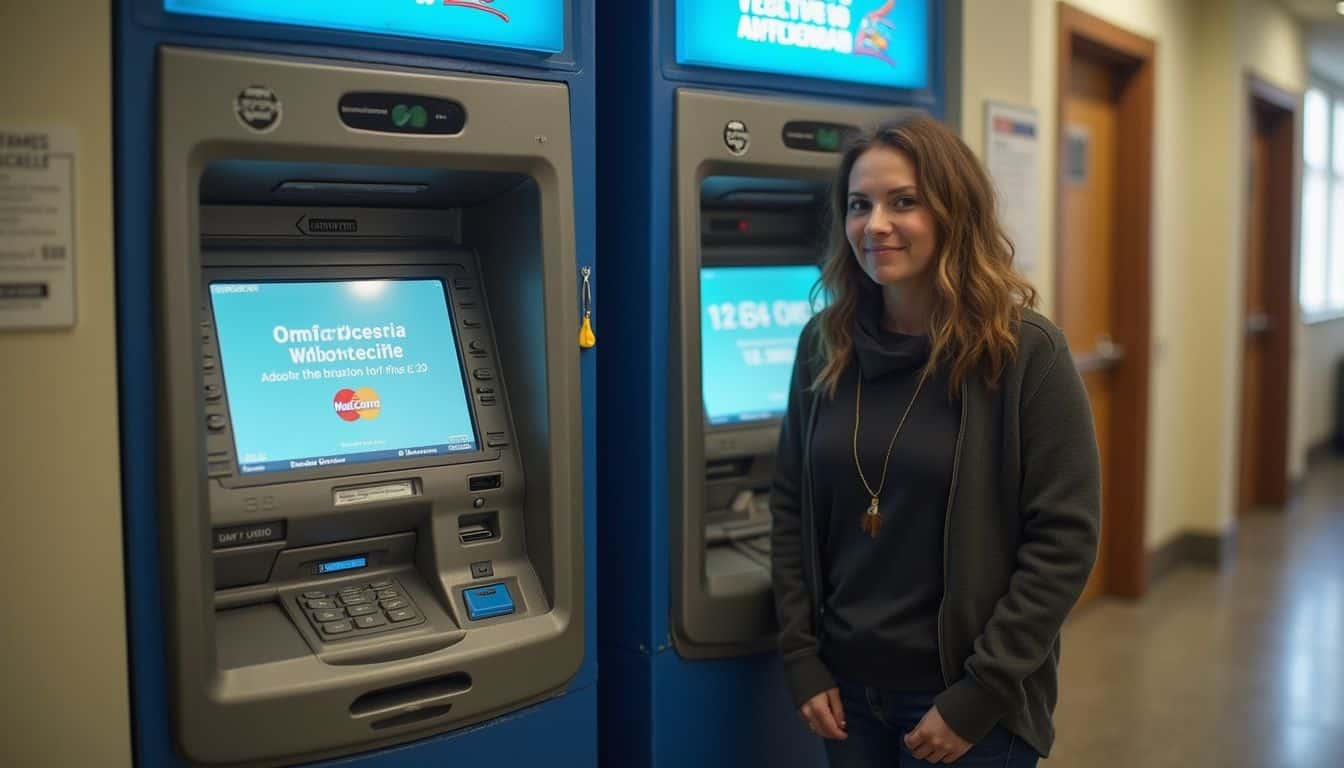 A casual photo shows two ATMs side by side displaying different transaction fees, with a person nearby.