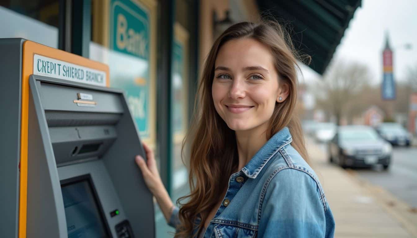 A woman in casual attire uses a CO-OP Shared Branch ATM in a small town, captured in a candid moment.