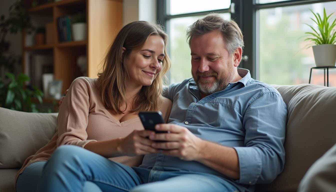 A relaxed couple in their mid-30s shares a moment together on a couch while looking at a smartphone.