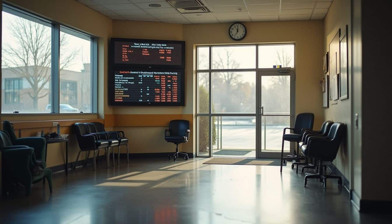 A quiet, slightly worn bank lobby with a digital board displaying interest rates and empty chairs.