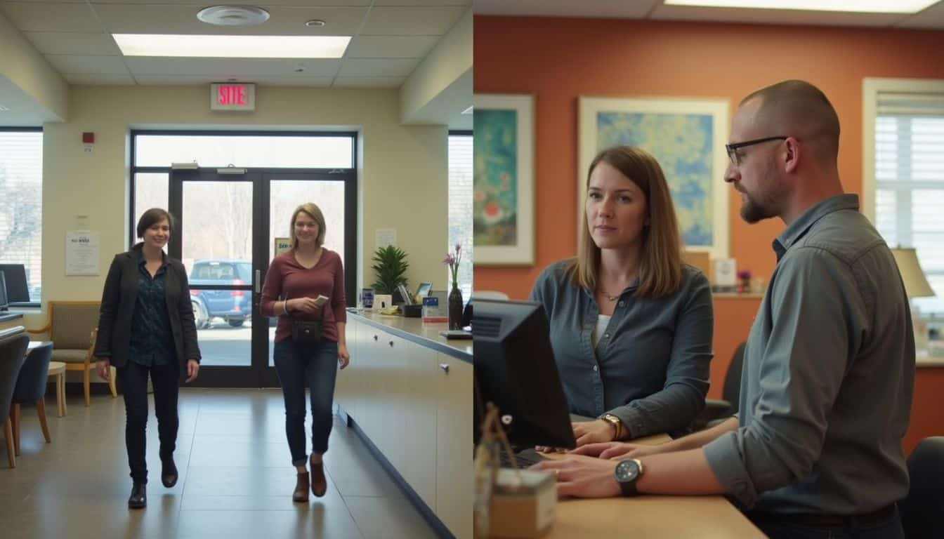 The image contrasts a traditional bank branch with a more casual, welcoming credit union office atmosphere.