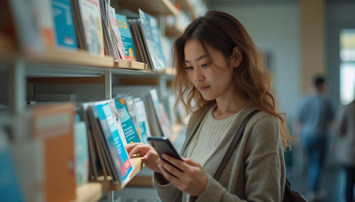 A woman in her 30s casually browses banking brochures while looking at her phone in a cluttered space.