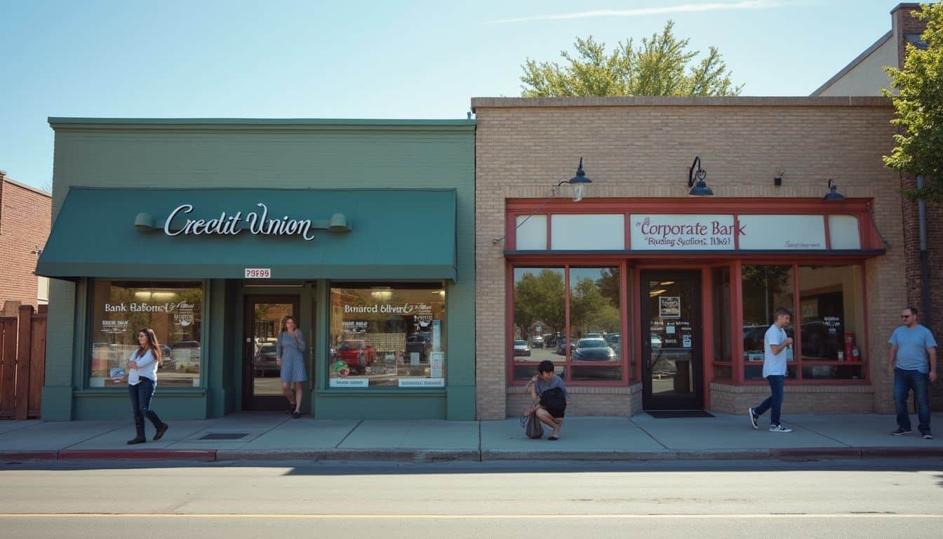 A casual outdoor shot of a credit union and a corporate bank building with people going about their day.