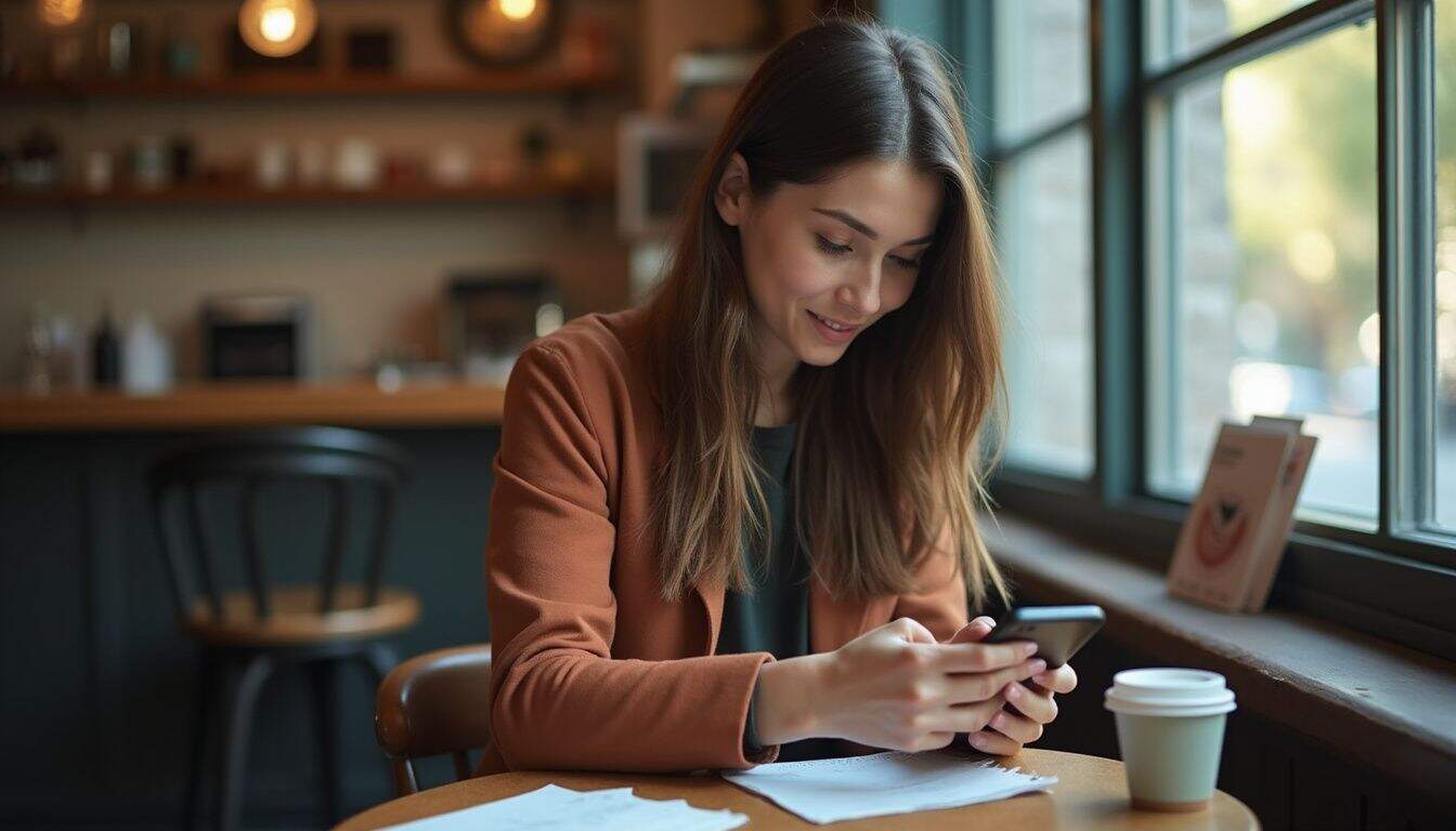 A woman in her 30s casually uses her phone at a cozy coffee shop table.