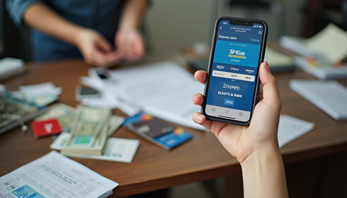 A candid photo of a cluttered desk with financial apps, cards, and papers, capturing a normal everyday moment.