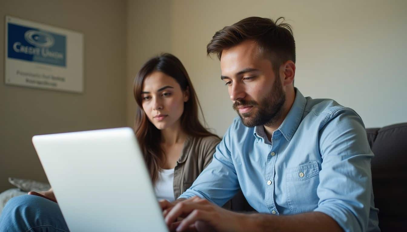 A woman and man sit together, casually reviewing financial options on a laptop in a relaxed setting.