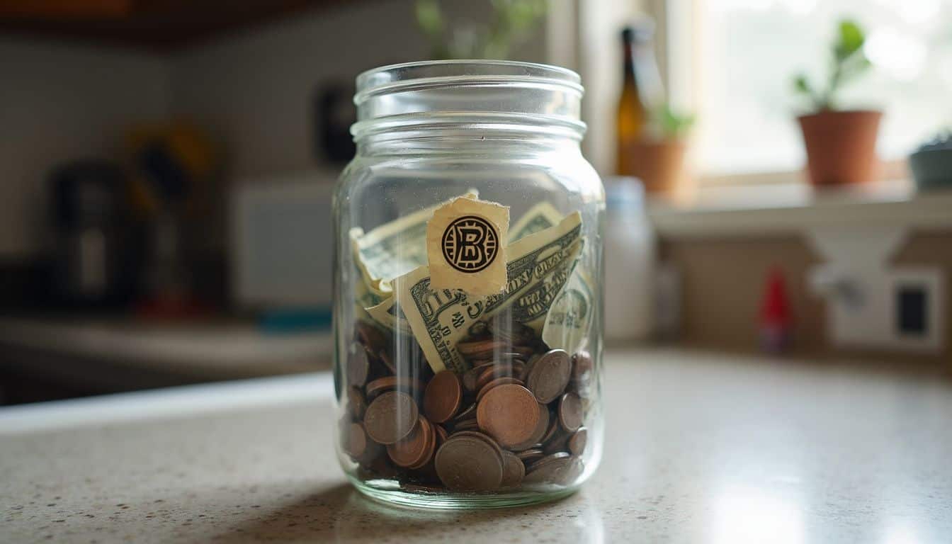 A clear jar filled with coins and folded bills sits on a cluttered kitchen counter.
