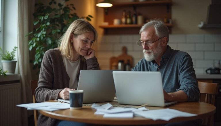 Busy couple working together on laptops in kitchen, managing finances or planning, surrounded by papers and coffee cups, emphasizing teamwork, focus, and home office life.