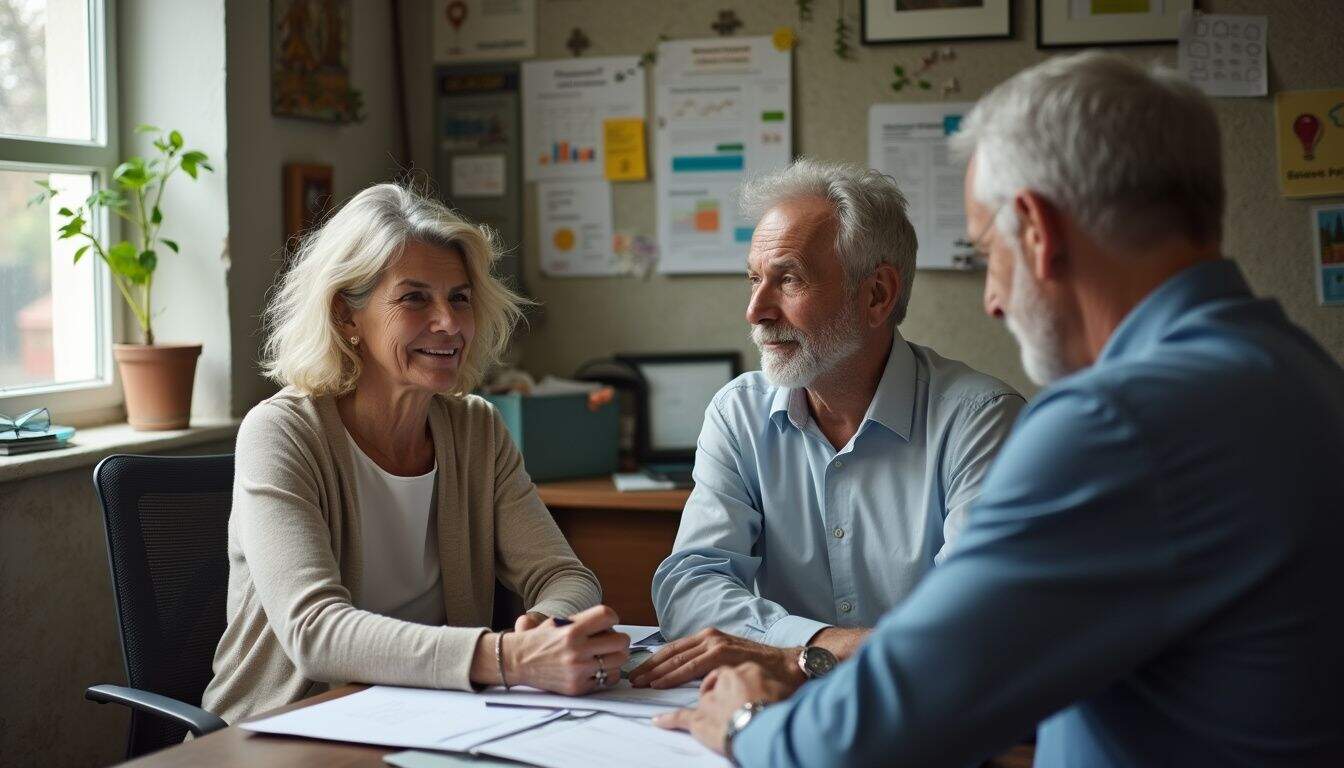 Senior professionals engaging in a business meeting at an office desk, discussing strategies and collaboration, with a bulletin board full of charts and graphs behind them, indicating professional teamwork.