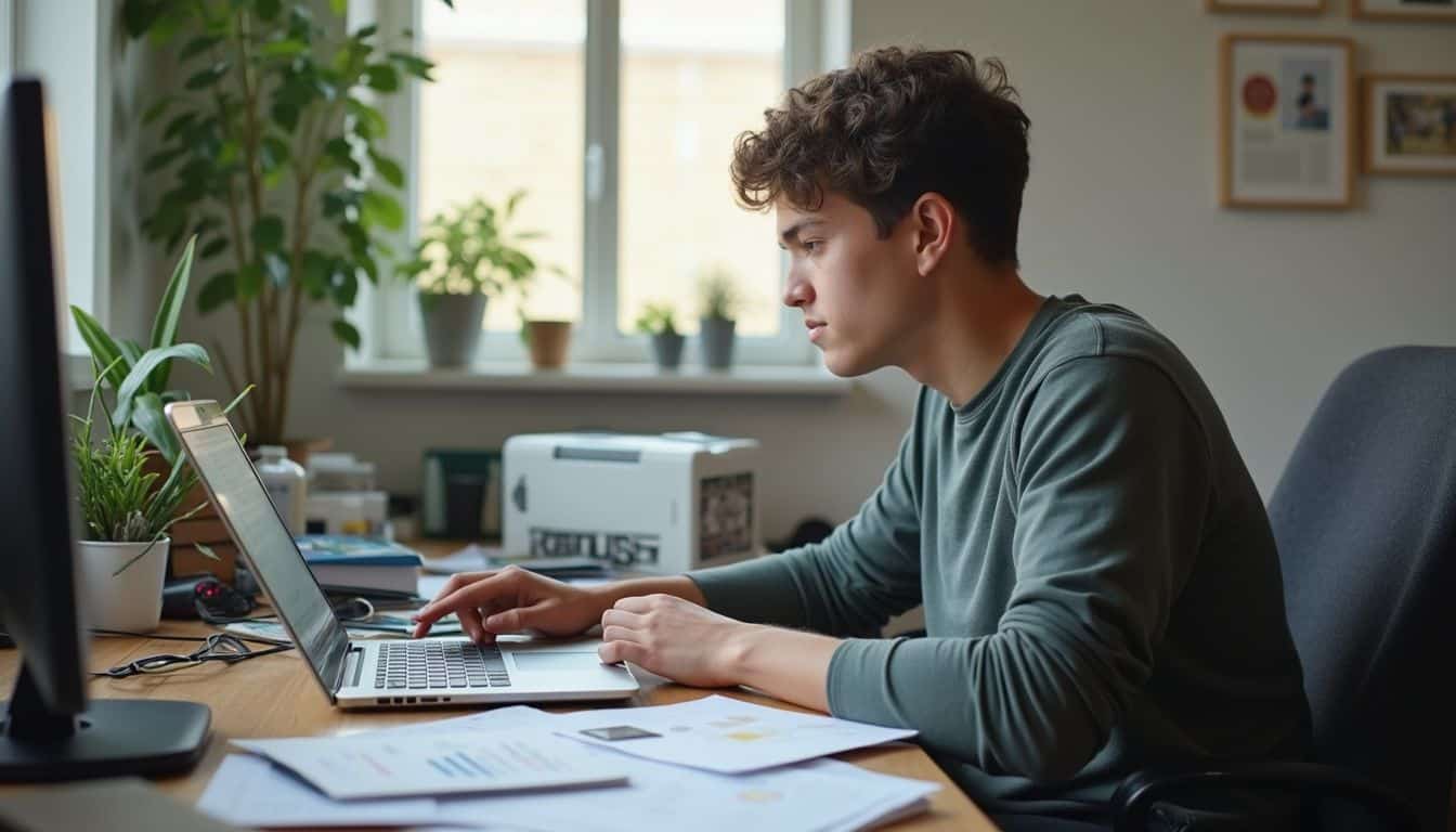 Focused young man working on laptop at home office, studying or working from home, surrounded by documents, plants, and office equipment, representing remote work or online learning.