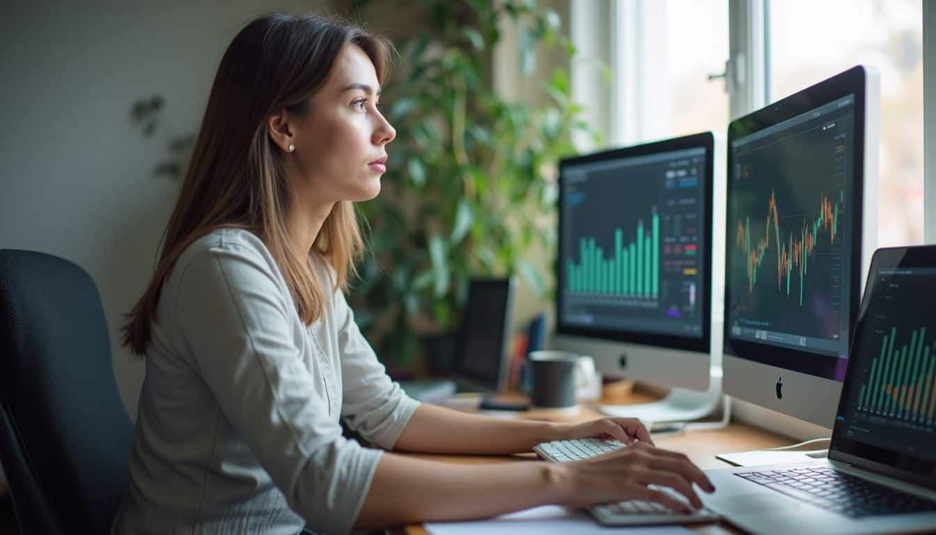 Trading woman analyzing financial data on multiple screens in an office environment.
