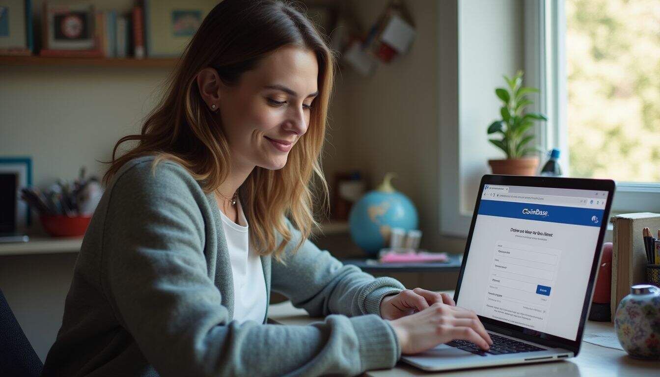 Computer woman working on online platform at home, digital interaction, remote work, online registration, and internet browsing.