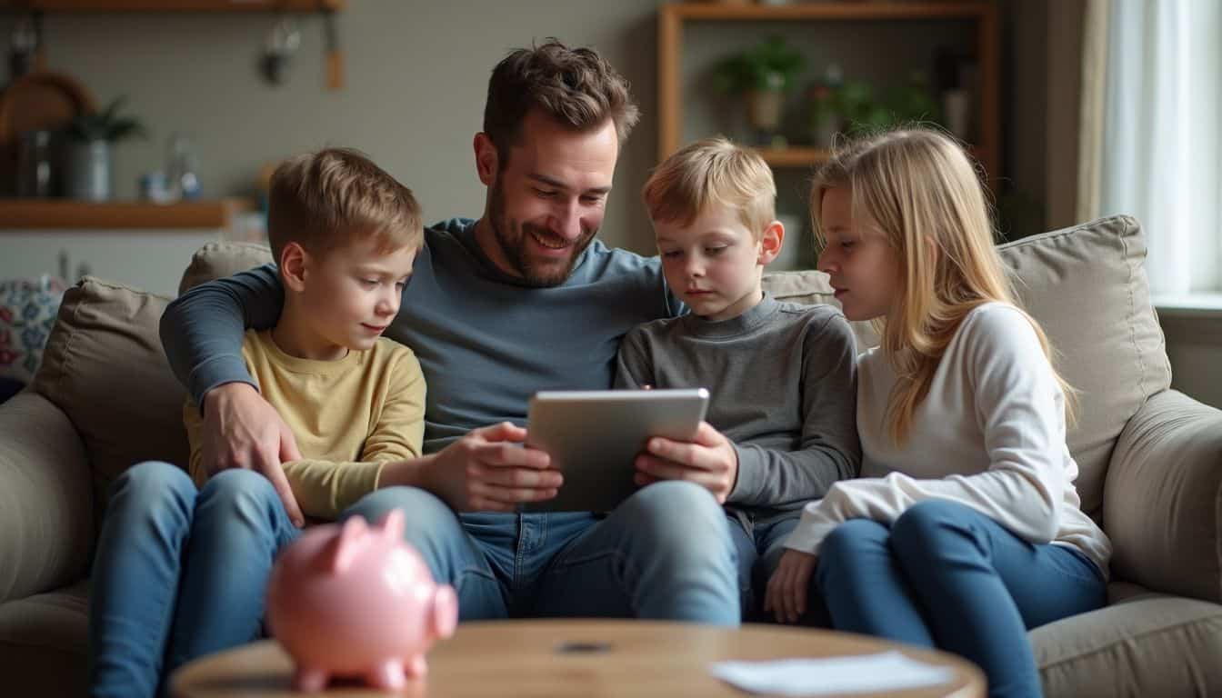 Family enjoying bonding time with children on couch, using tablet for entertainment, family activities, indoor leisure, modern home lifestyle.