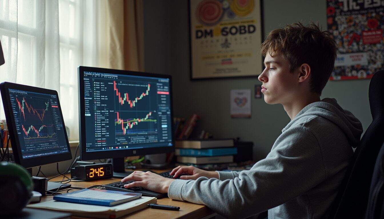 Day trading stocks on multiple monitors with trading charts and financial data analysis.