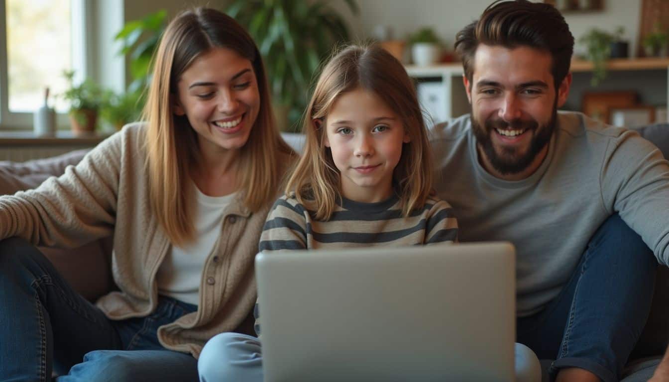 Young happy family enjoying time together at home using a laptop for online activities or entertainment.
