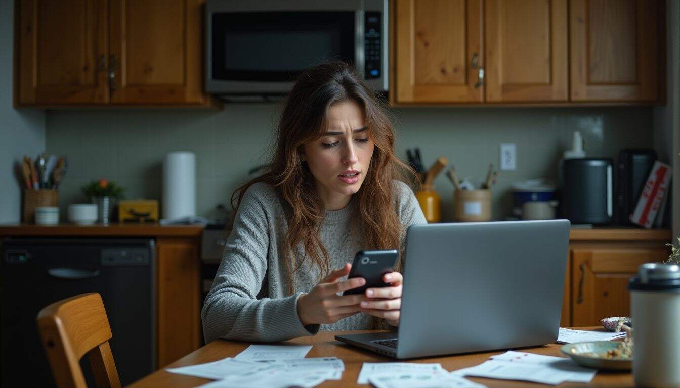 Frustrated woman looking at her phone while working on laptop in kitchen, overwhelmed with bills and paperwork, representing stress from financial or work-related issues.