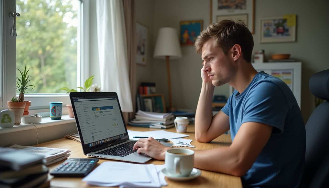 Frustrated man working on laptop with documents and coffee at home office.