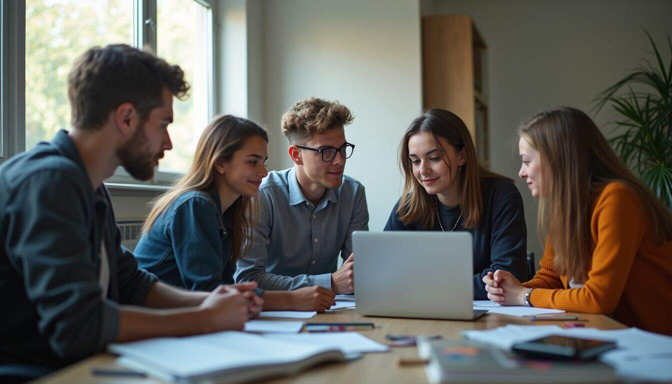 Collaborative team brainstorming session in a modern office with students using a laptop for group project success.