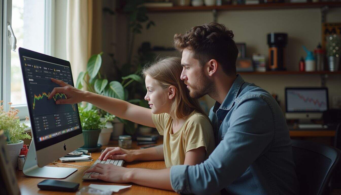 Stock market analysis with a father and daughter on a desktop computer.