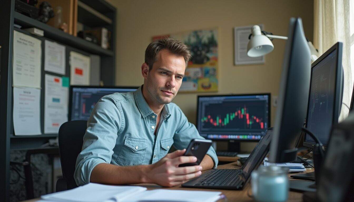 Stock trader analyzing financial data on multiple monitors, working from home or office, with stock market charts displayed, surrounded by technology and work essentials.