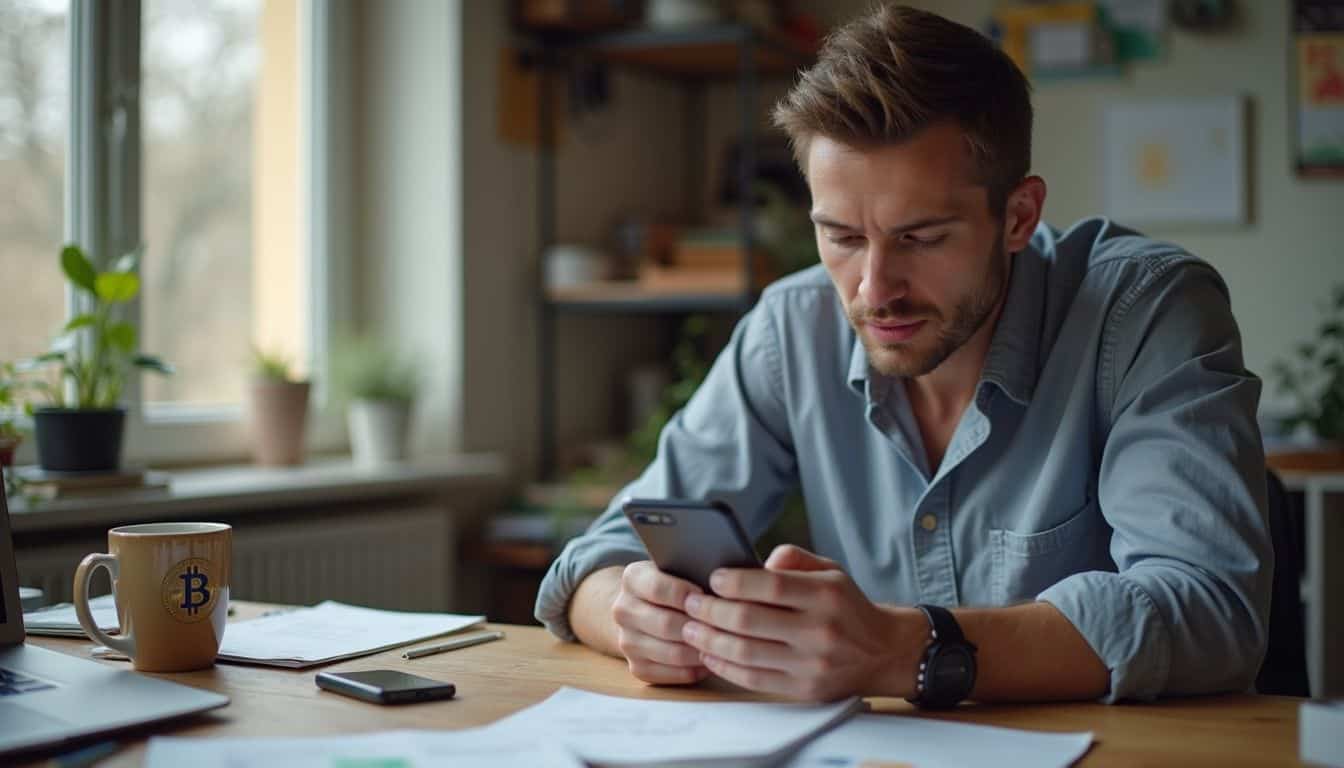 Smart man using smartphone for digital financial transactions, cryptocurrency, and online banking, working from home or office with laptop, coffee mug, papers, and greenery in the background.