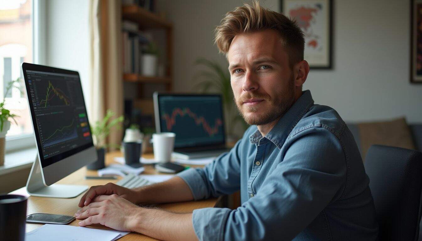 Computer trader analyzing stock market data at home office with dual monitors.
