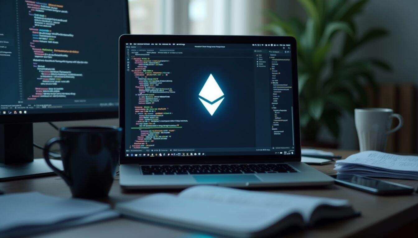 Ethereum blockchain development, programming code on laptop with Ethereum logo, cryptocurrency coding, blockchain developer workspace, focus on Ethereum smart contracts, digital currency technology, decentralized finance coding, cryptocurrency development environment, focus on Ethereum blockchain coding, innovative blockchain technology workspace, relevant for blockchain enthusiasts and developers.