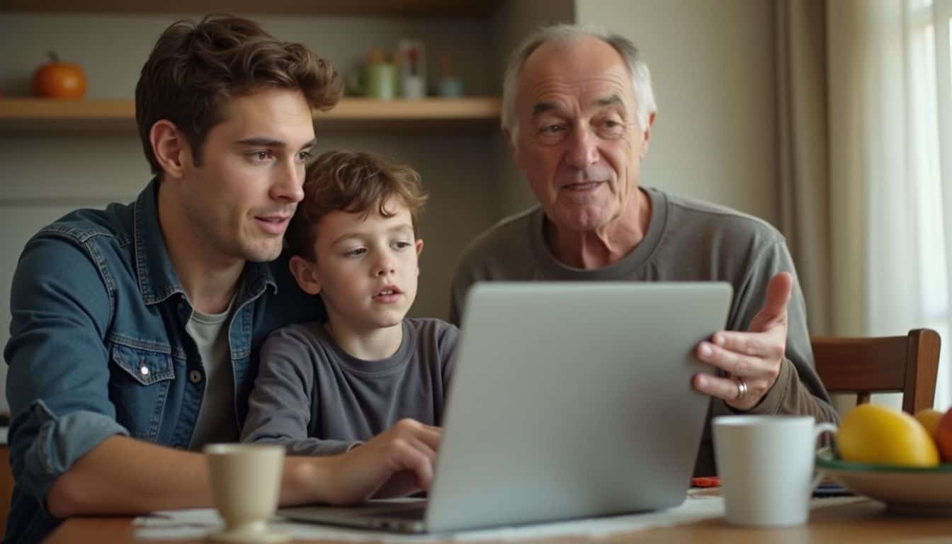 Young man, boy, and elderly man exploring on a laptop in a cozy kitchen setting.
