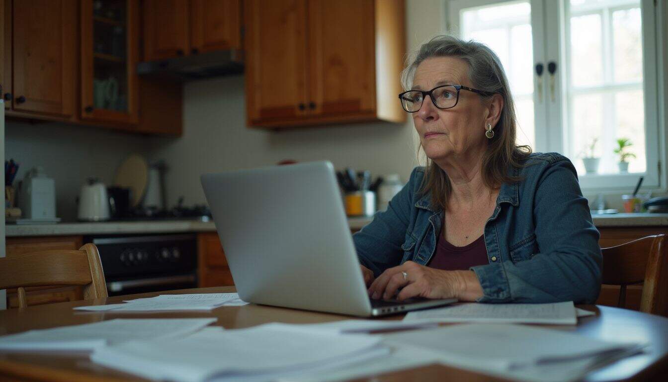 Older woman working on a laptop in her kitchen surrounded by papers, wearing glasses and a denim jacket, focused on work or studying, cozy home setting.