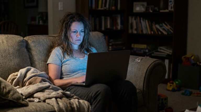 Anxious woman working on a laptop in a dimly lit living room, surrounded by children's toys and books, reflecting stress or concern, emphasizing home life challenges.