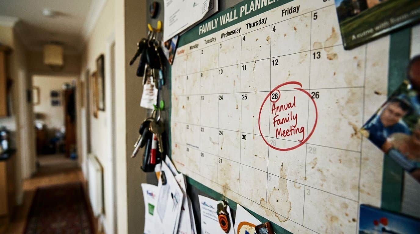 A family wall calendar with a meeting scheduled.