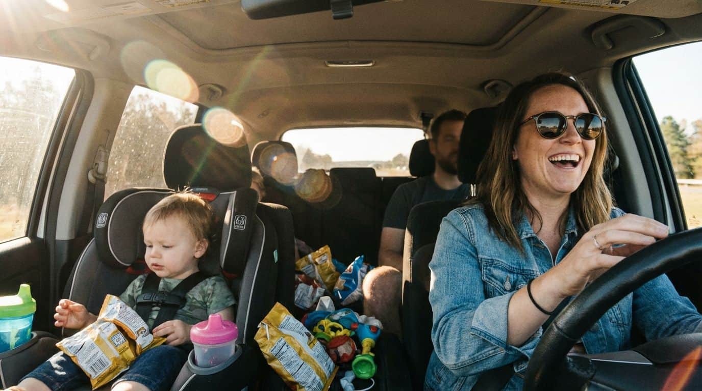 A candid shot inside a car showing a mother and a toddler during a road trip.