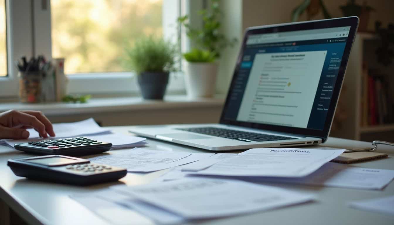 Calculating taxes on a laptop with financial documents, calculator, and pen on desk, home office work, tax preparation, financial planning, tidbits of experience.