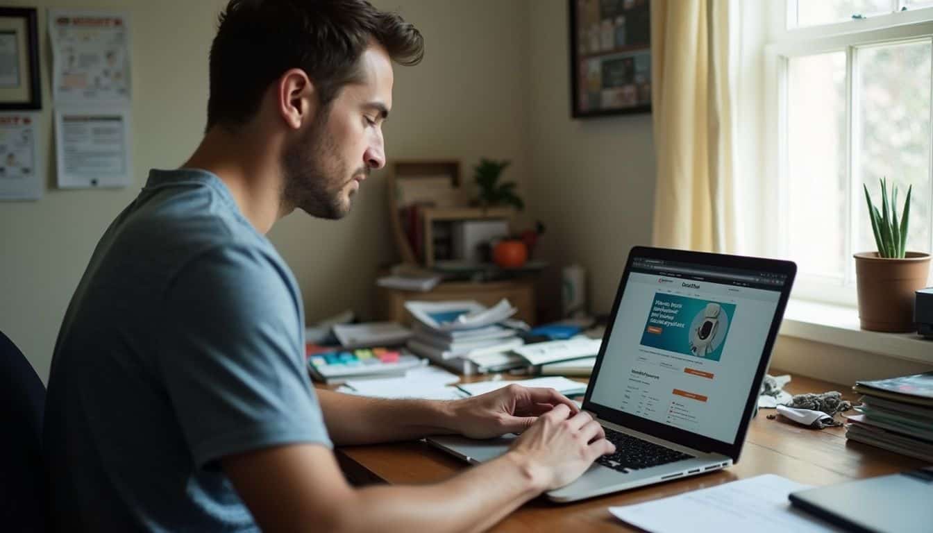 Laptop computer on cluttered desk with paperwork in a home office setting.