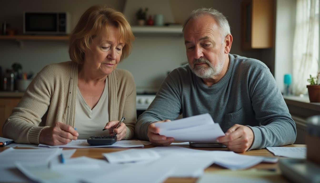 Credit card bills, elderly couple reviewing finances at home, financial planning, managing expenses, senior financial advice, family budget, retirement planning, money management for seniors, economic stability, household budget review, Tidbits of Experience, focus on financial responsibilities and planning for elderly couples, capturing everyday financial management scenes.
