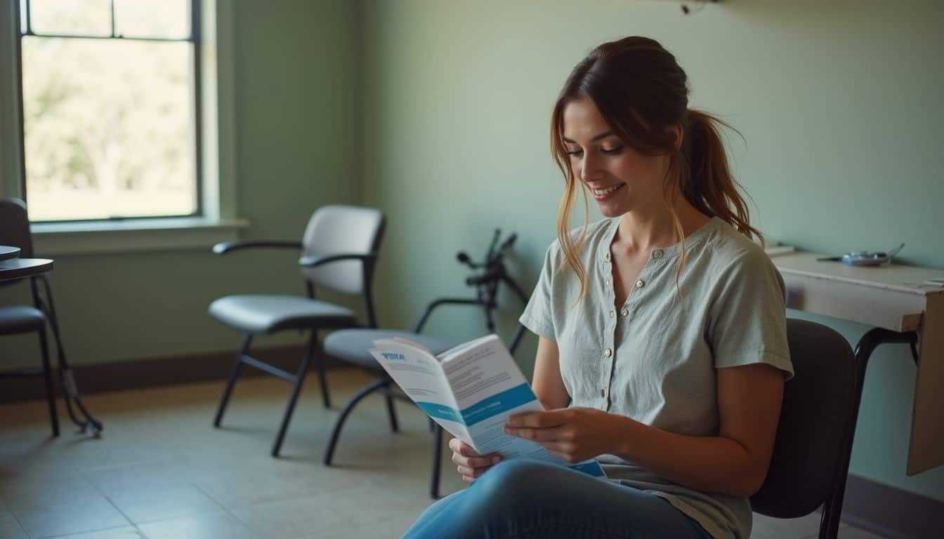 Relaxed young woman reading informational brochure in a waiting room with green walls and natural light.