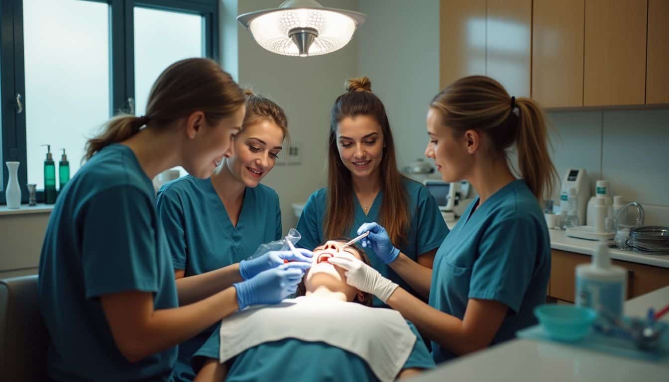 Dental team performing a cosmetic dental procedure in a modern dental clinic, emphasizing professional dental healthcare services.