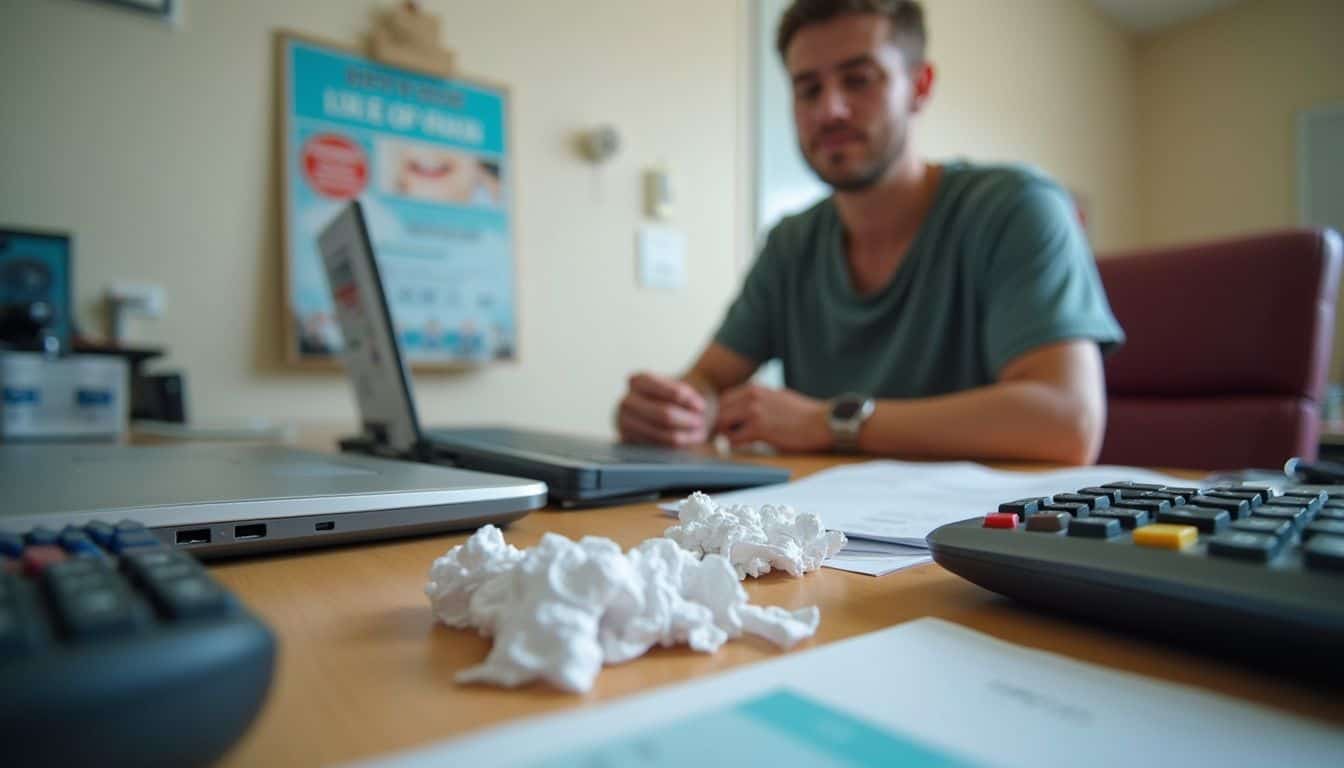 Laptop keyboard and calculator on desk; young man working on laptop in office setting with tissue paper and documents; workplace with focused employee; casual office environment with technology and paperwork.
