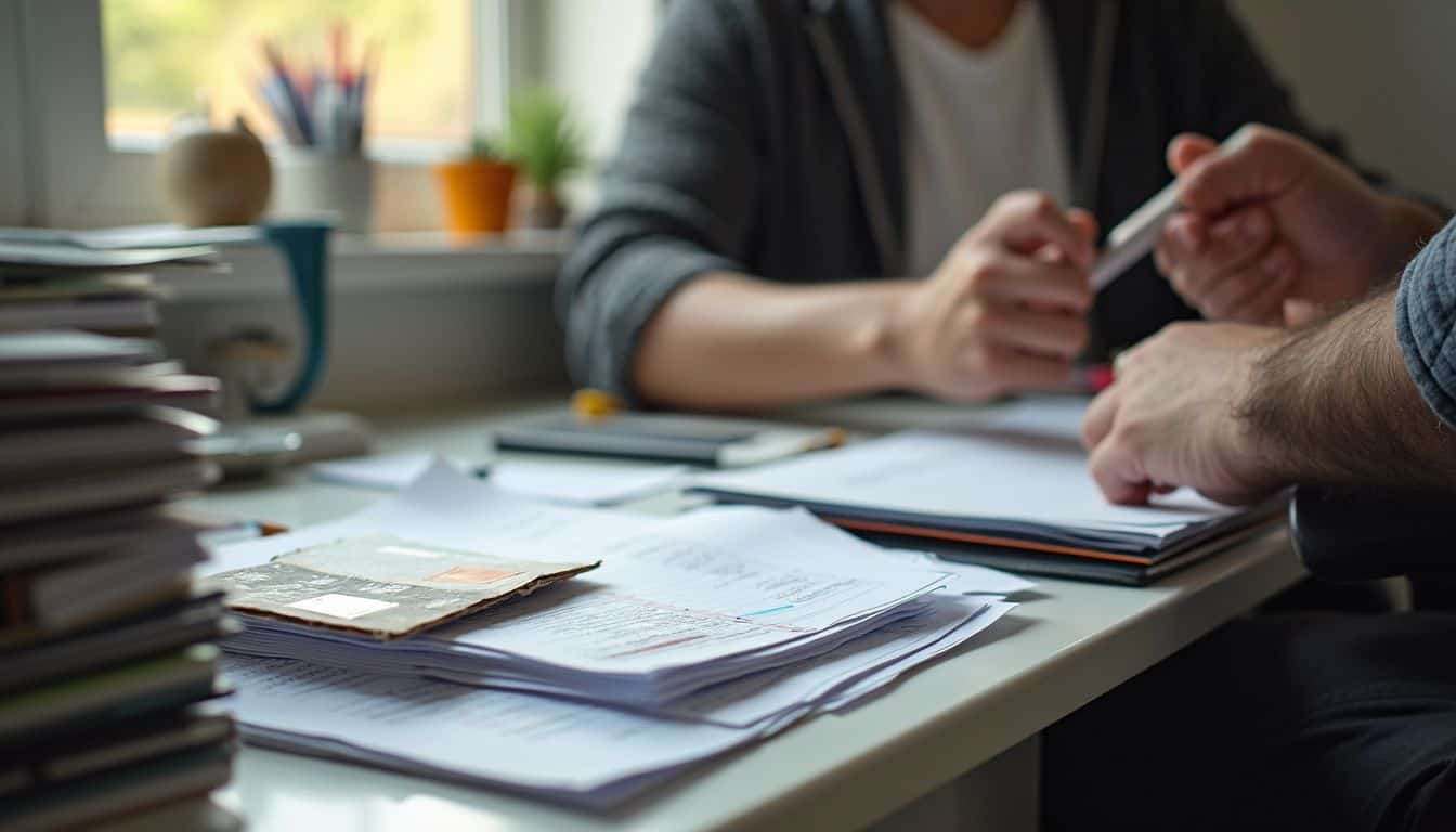 Working on documents and paperwork at a cluttered desk with a person using a smartphone during work or study at home or office.